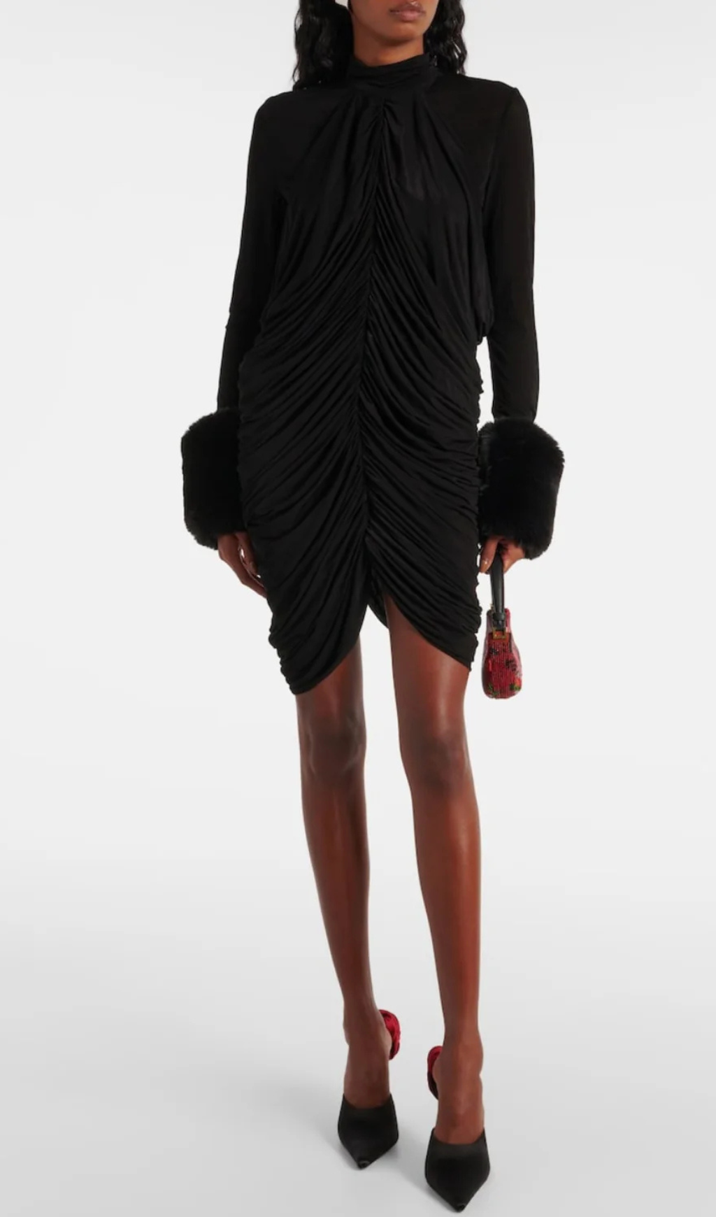 VEVIDA RUCHED MESH FAUX FUR MINI DRESS IN BLACK