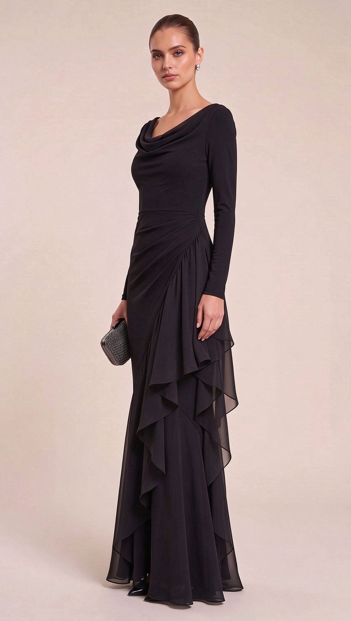Black Mermaid Evening Gown with Sheer Ruffle Detail