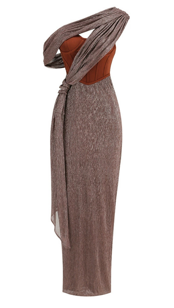 AIIZIE ONE SHOULDER DRAPED GLITTER BROWN CORSET OPEN BACK MAXI DRESS - product image