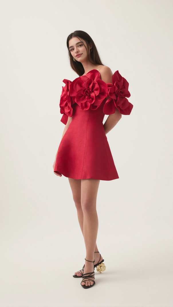 AIIZIE ETTA FLOWER STRAPLESS MINI DRESS IN RED - product image