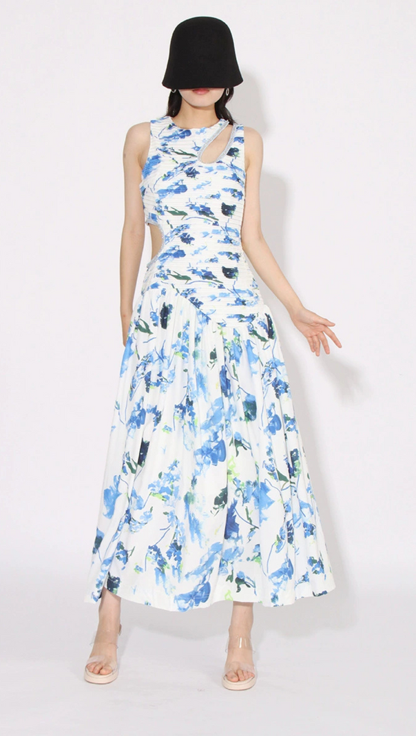 AIIZIE FLORAL CUTOUT MIDI DRESS IN BLUE - product image