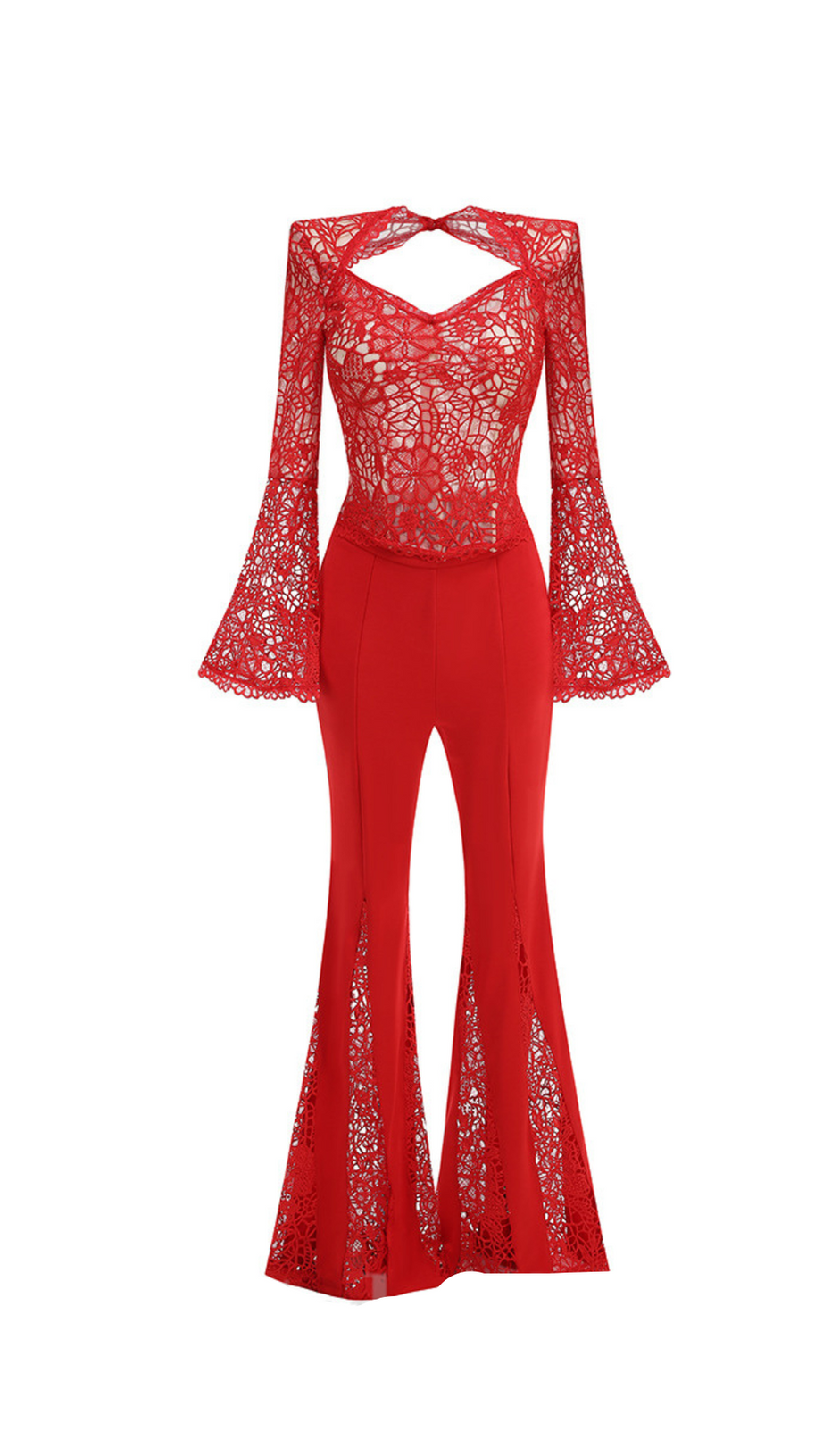 LACE-EMBELLISHED TRUMPET SLEEVE JUMPSUITS IN RED