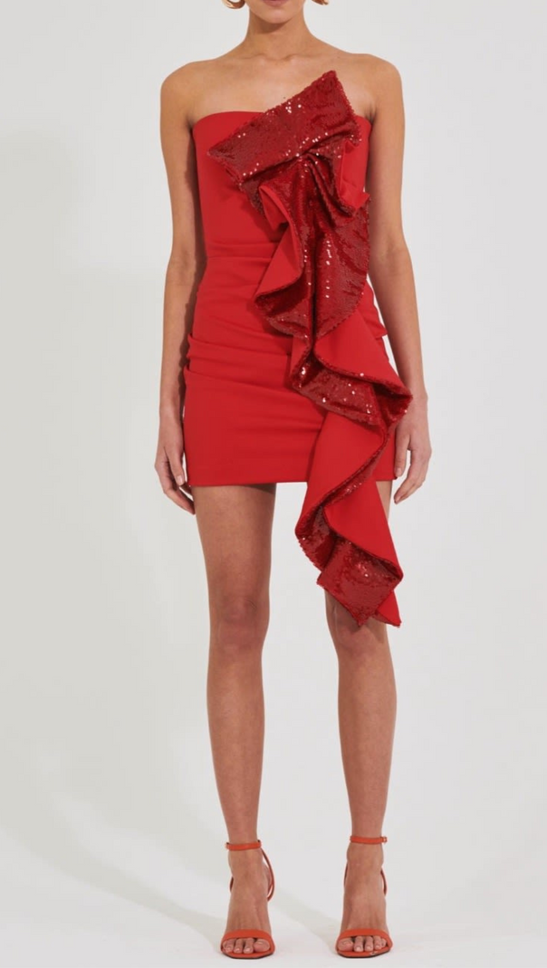 AIIZIE AMELIA SEQUIN RUFFLE RED MINI DRESS - product image