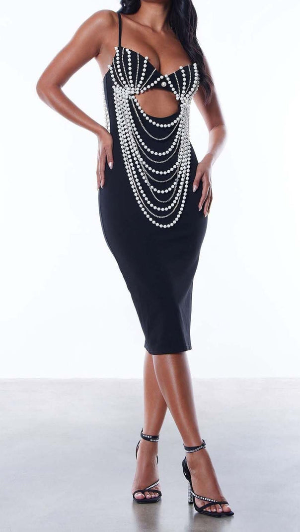 AIIZIE PEARL EMBELLISHED MIDI DRESS IN BLACK - product image