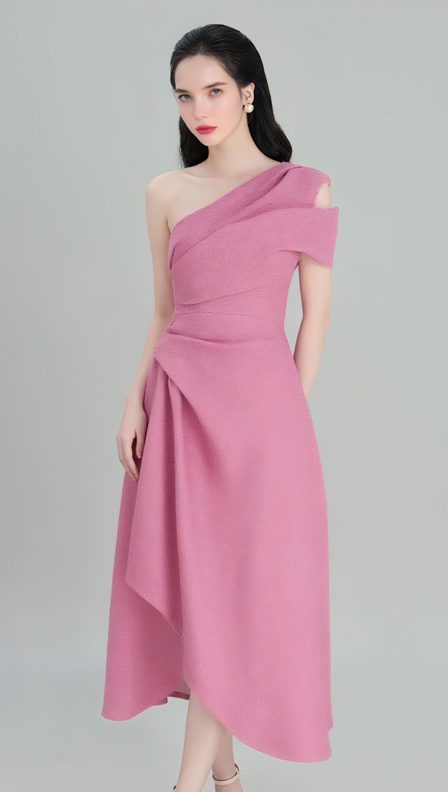 AIIZIE IRREGULAR ONE-SHOULDER MIDI DRESS IN PINK - product image