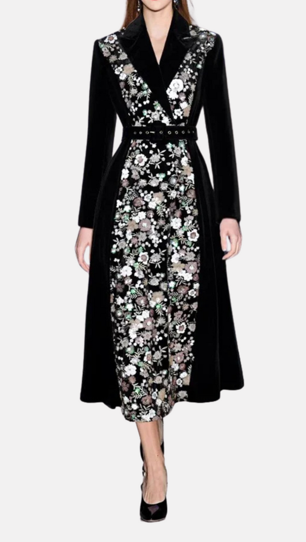 AIIZIE SEQUIN EMBROIDERED VELVET MIDI DRESS IN BLACK - product image