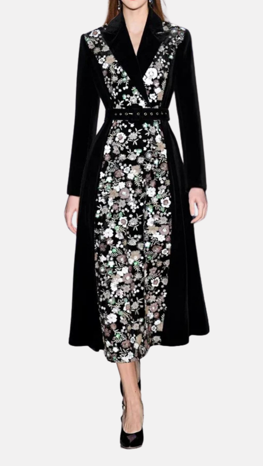 SEQUIN EMBROIDERED VELVET MIDI DRESS IN BLACK