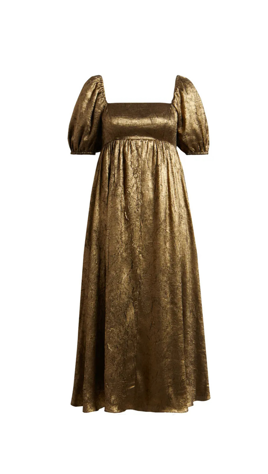 TRISTA SQUARE NECK PUFF SLEEVE MIDI DRESS IN GOLD