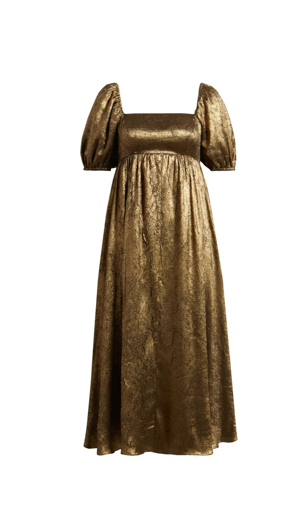 TRISTA SQUARE NECK PUFF SLEEVE MIDI DRESS IN GOLD
