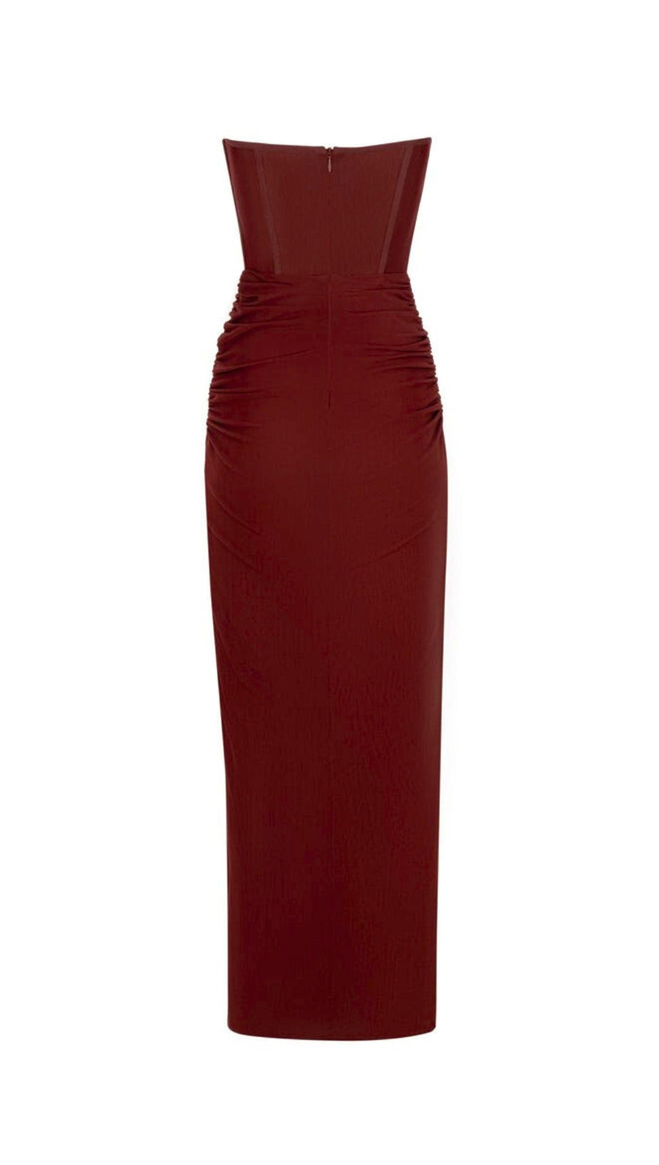 STRAPLESS RUCHED DRESS IN BROWN