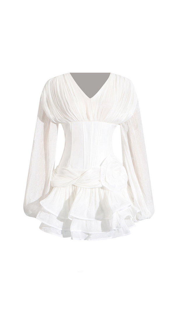 AIIZIE WALLIS 3D FLOWER RUFFLE TRIM MINI DRESS IN WHITE - product image