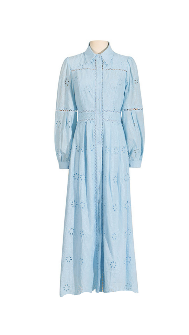 AIIZIE RETRO SINGLE-BREASTED HOLLOW LACE MIDI DRESS IN BLUE - product image
