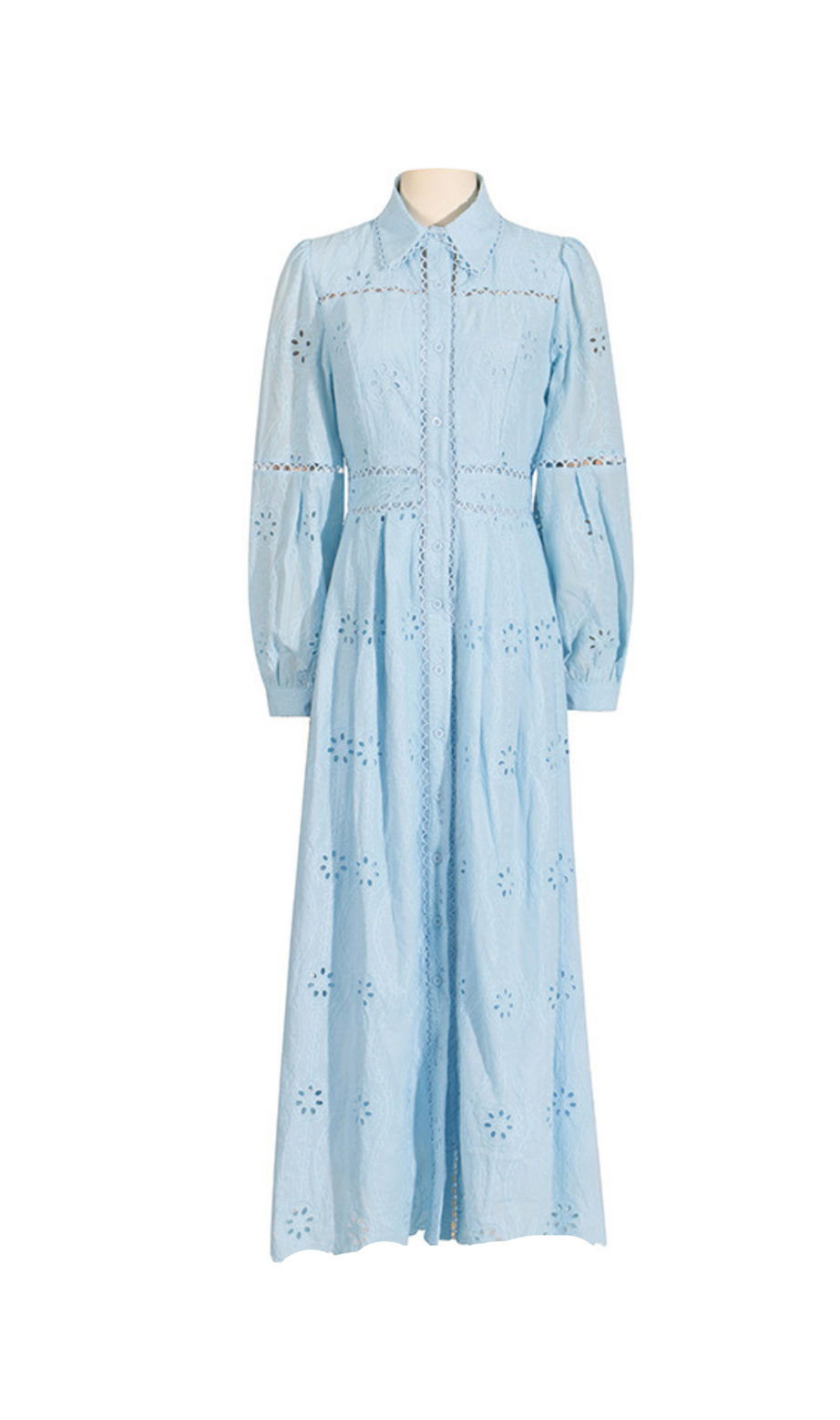 retro single-breasted hollow lace midi dress in blue