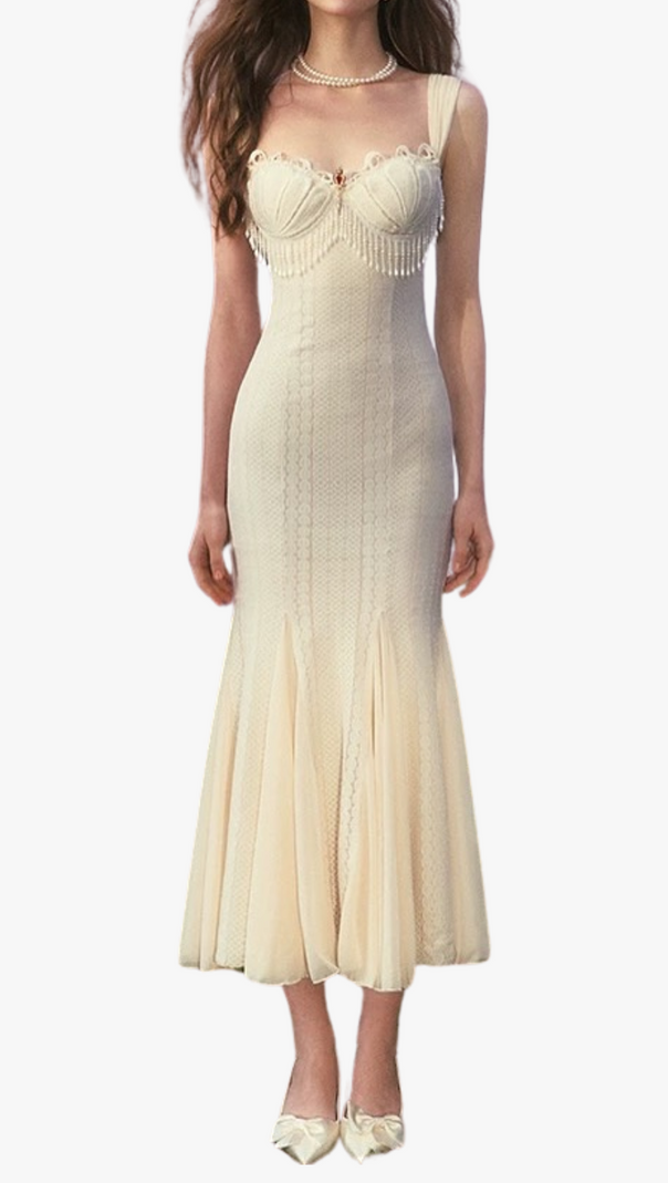 AIIZIE ATALANTA EMBELLISHED FLARED MIDI DRESS IN CREAM-WHITE - product image