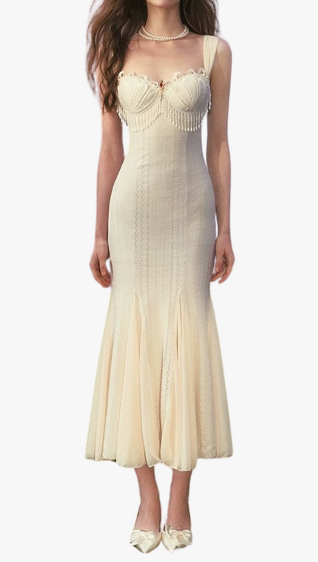 ATALANTA EMBELLISHED FLARED MIDI DRESS IN CREAM-WHITE