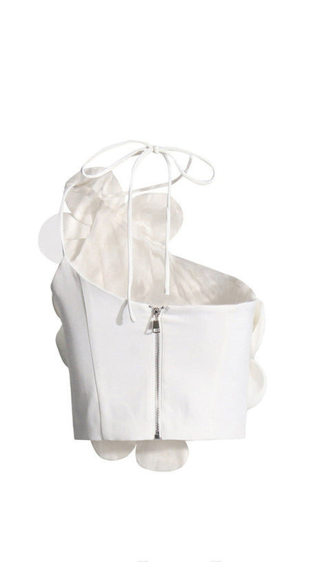 Weißes, bauchfreies Oberteil mit Blumenmotiv „Andia“