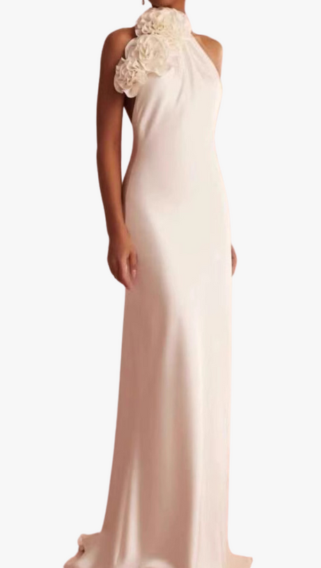 SHERRY HALTERNECK FLORAL APPLIQUE MAXI DRESS IN WHITE