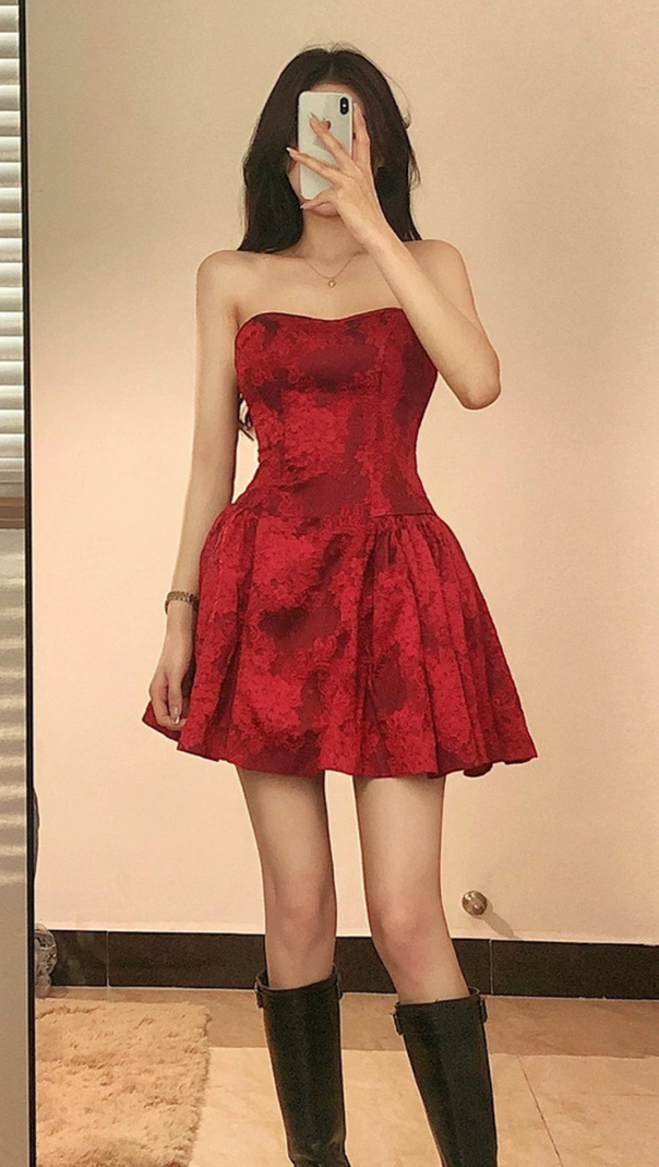AIIZIE OFF SHOULDER PRINTED MINI DRESS IN RED - product image
