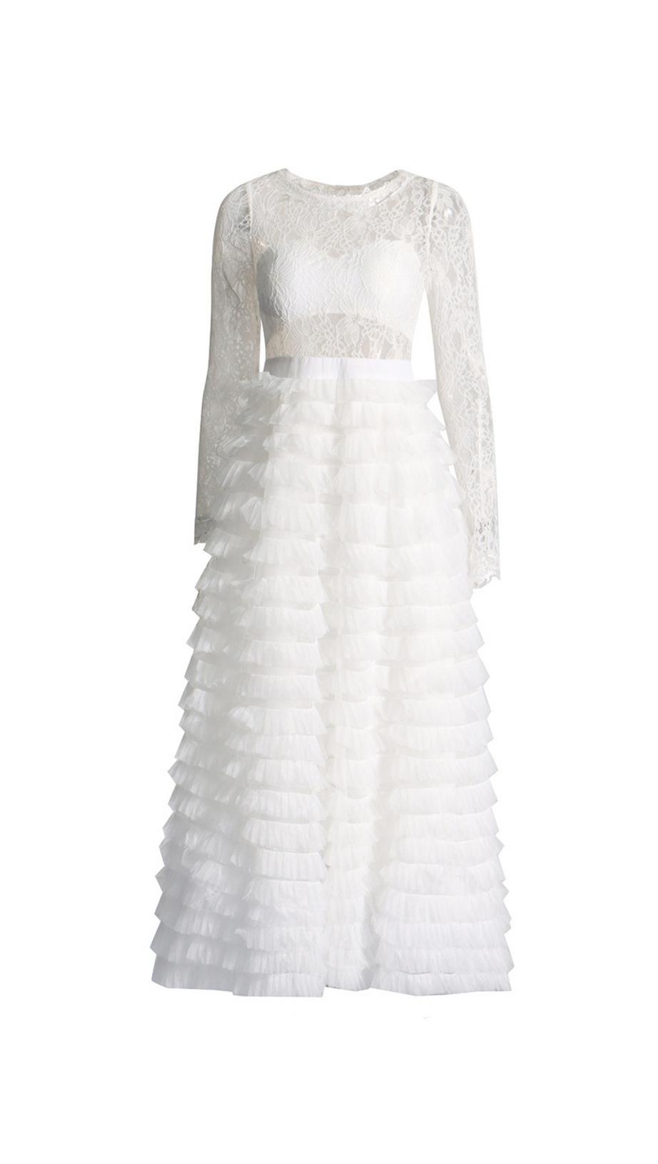 LACE LAYERED HIGH-WAISTED MIDI DRESS IN WHITE