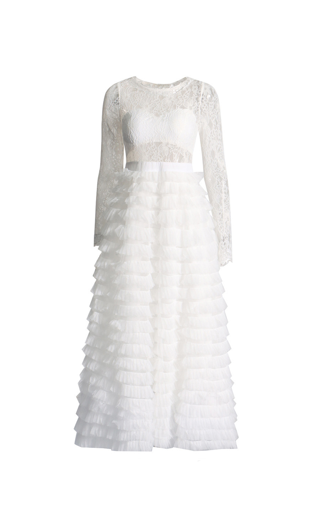 Hoch tailliertes Midikleid mit Spitzenlage in Weiß