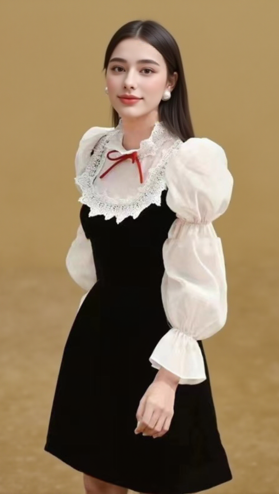 PUFF SLEEVE BOW CHIFFON MINI DRESS