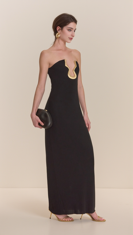 SIGNATURE GOLD HARDWARE CUTOUT STRAPLESS COLUMN GOWN IN BLACK