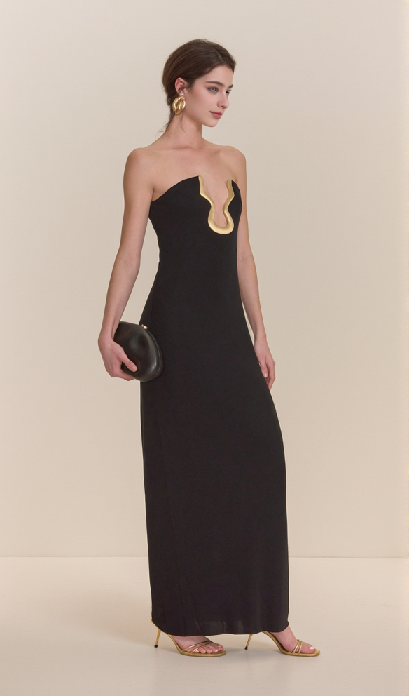 AIIZIE SIGNATURE GOLD HARDWARE CUTOUT STRAPLESS COLUMN GOWN IN BLACK - product image