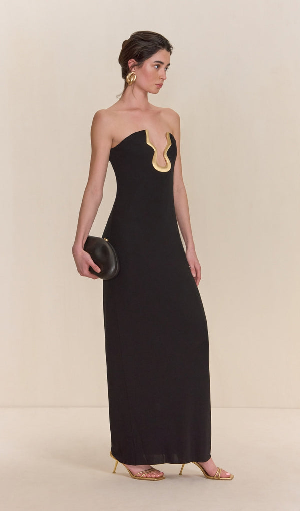 signature gold hardware cutout strapless column gown in black