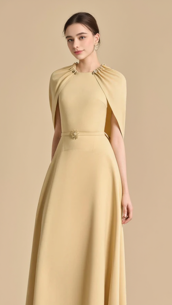 AIIZIE JASMINE A-LINE CAPE SLEEVED MAXI DRESS IN YELLOW BEIGE - product image