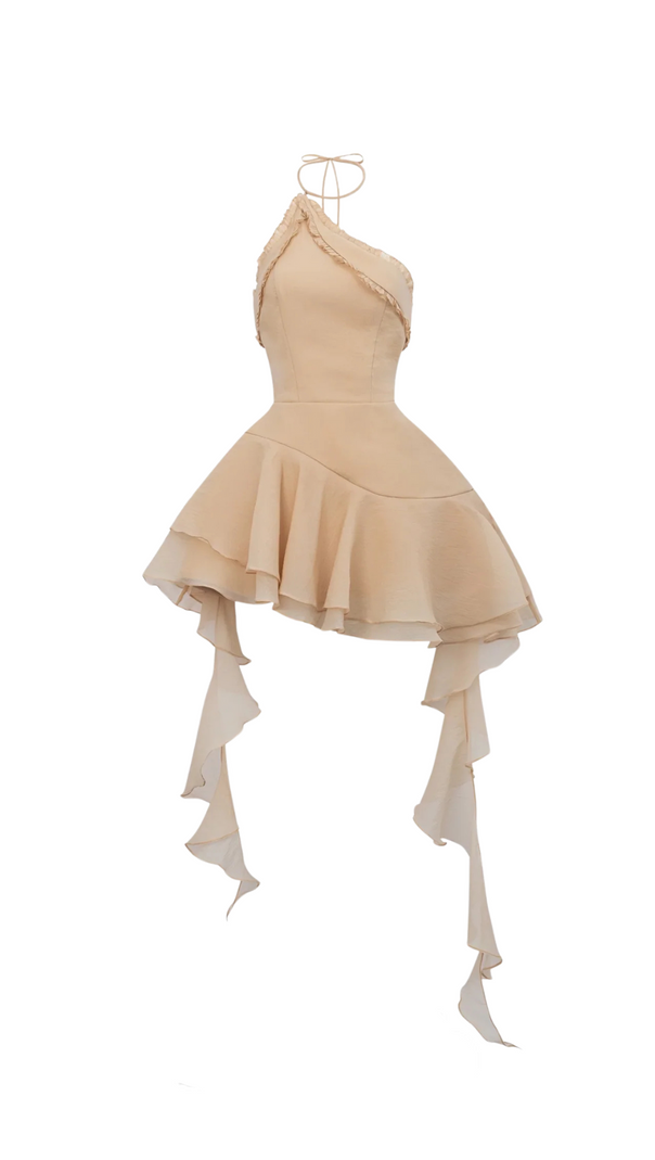 AIIZIE JESSICA HALTER RUFFLE TRIM MINI DRESS IN BEIGE - product image