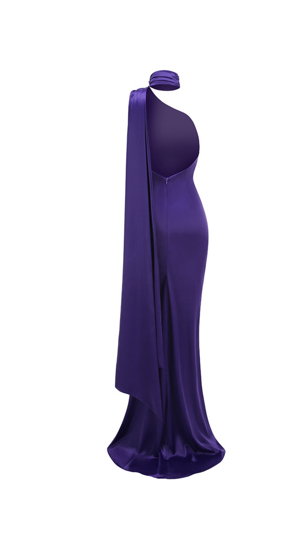 AIIZIE SATIN WRAP HALTER GOWN WITH FLOWER IN PURPLE - product image