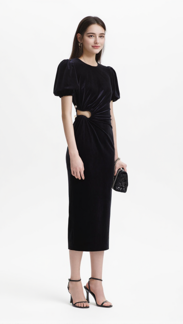 AIIZIE PLEATED VELVET CUT-OUT MIDI DRESS IN BLACK - product image