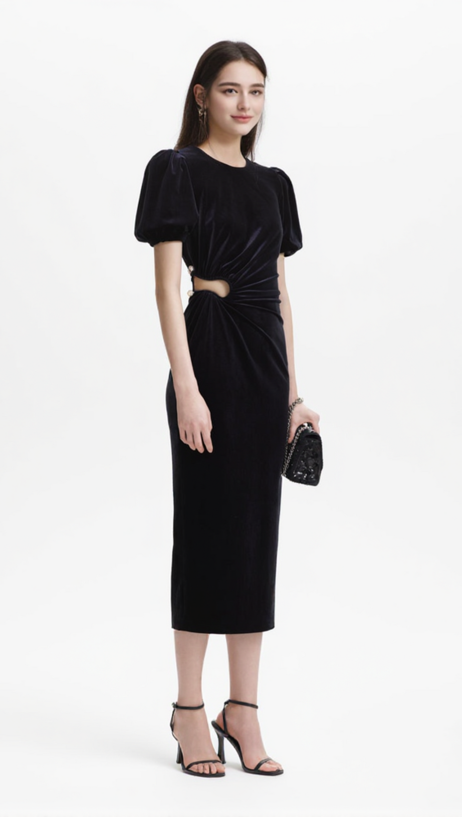 PLEATED VELVET CUT-OUT MIDI DRESS IN BLACK