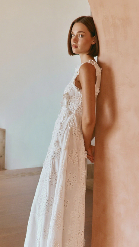 LACE TRIM EMBROIDERY HOLLOW MIDI DRESS IN WHITE