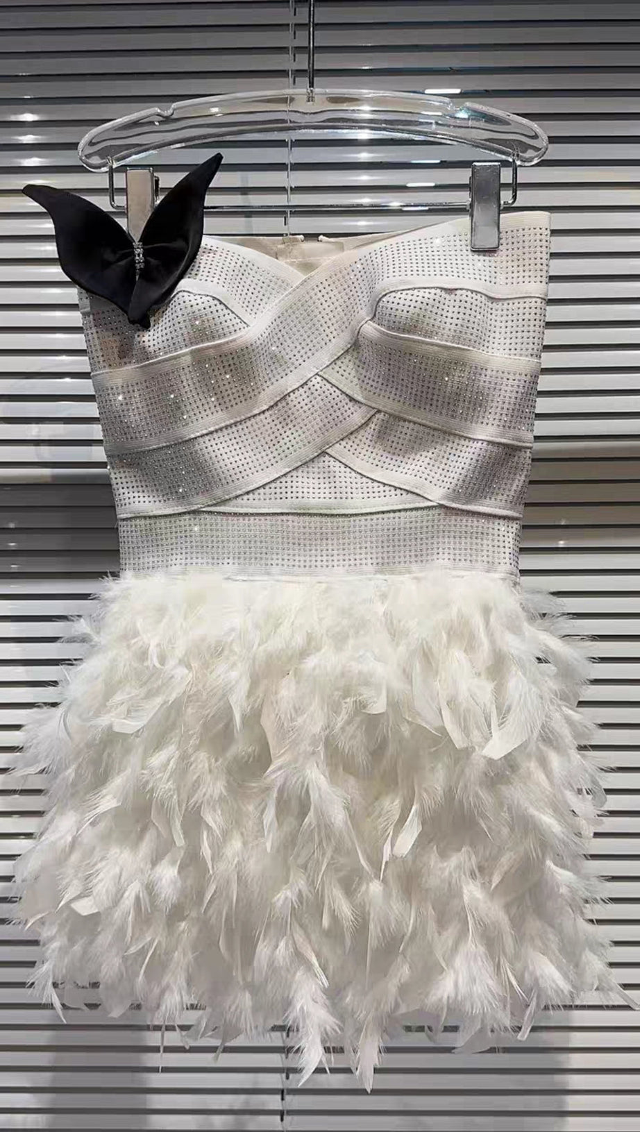 RHINESTONE FEATHER STRAPLESS MINI DRESS IN WHITE