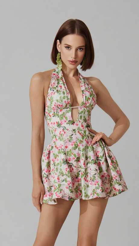 PLUNGE NECK FLORAL MINI DRESS