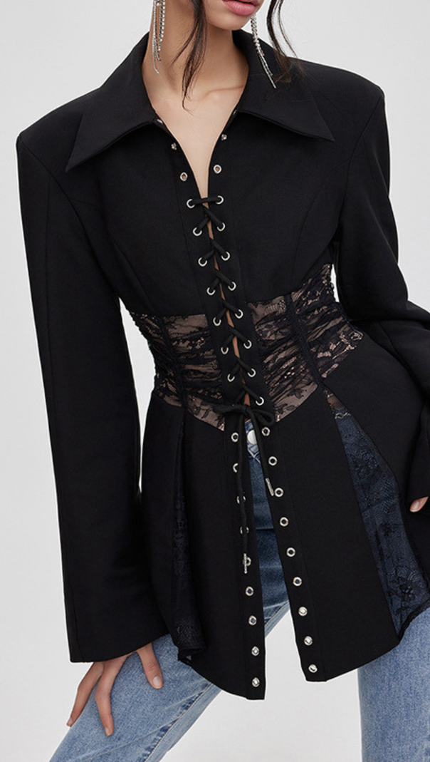 AIIZIE MELANY SEE THROUGH LACE UP SHIRT IN BLACK - product image