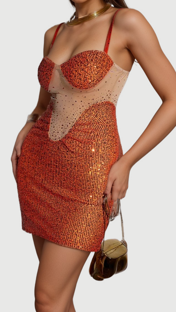 AIIZIE SOPHIA ORANGE SPAGHETTI SEQUIN MINI DRESS - product image