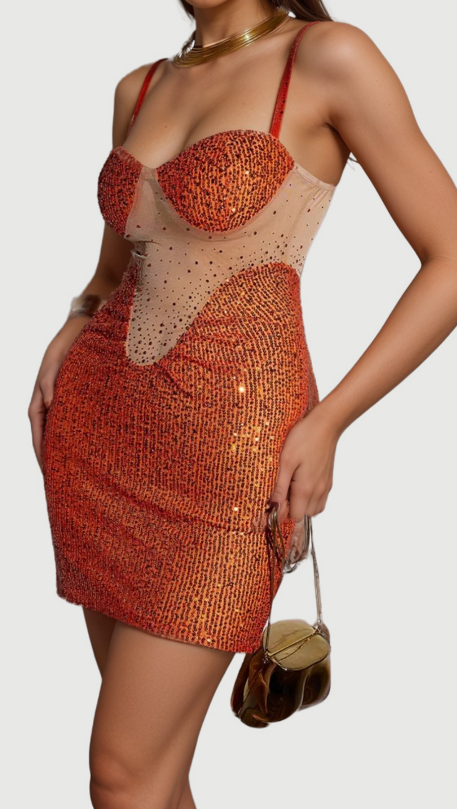 SOPHIA ORANGE SPAGHETTI SEQUIN MINI DRESS