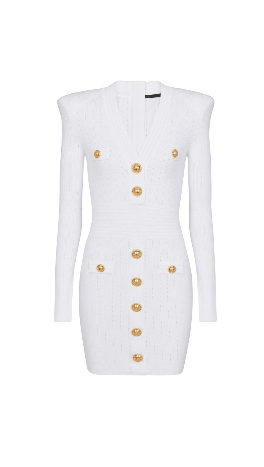 TARA WEISSES KURZES STRICK-MINIKLEID MIT GOLDENEN KNÖPFEN