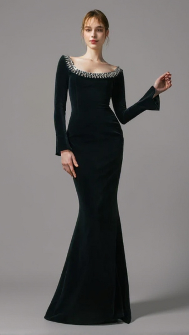 AIIZIE BLACK CREPE GOWN WITH CRYSTAL NECKLINE - product image