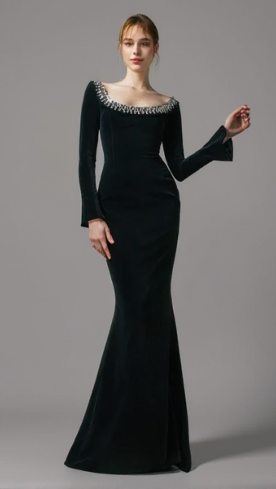BLACK CREPE GOWN WITH CRYSTAL NECKLINE