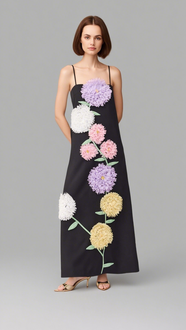 AIIZIE KRISTIN BUTTERCUP EMBROIDERED MAXI DRESS IN BLACK - product image
