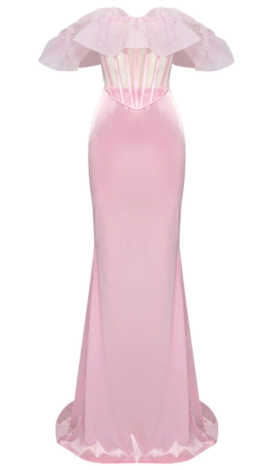 ABITO LUNGO DUE PEZZI CON CORSETTO BARDOT E VOLANT ROSA