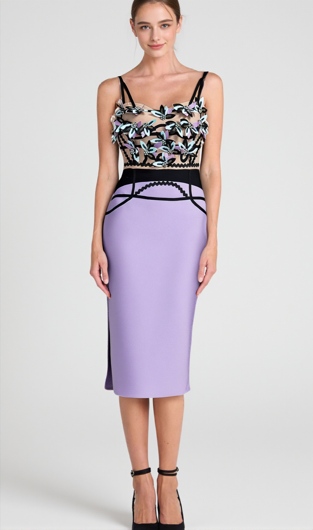 CRYSTAL BEADED APPLIQUE MIDI BANDAGE DRESS