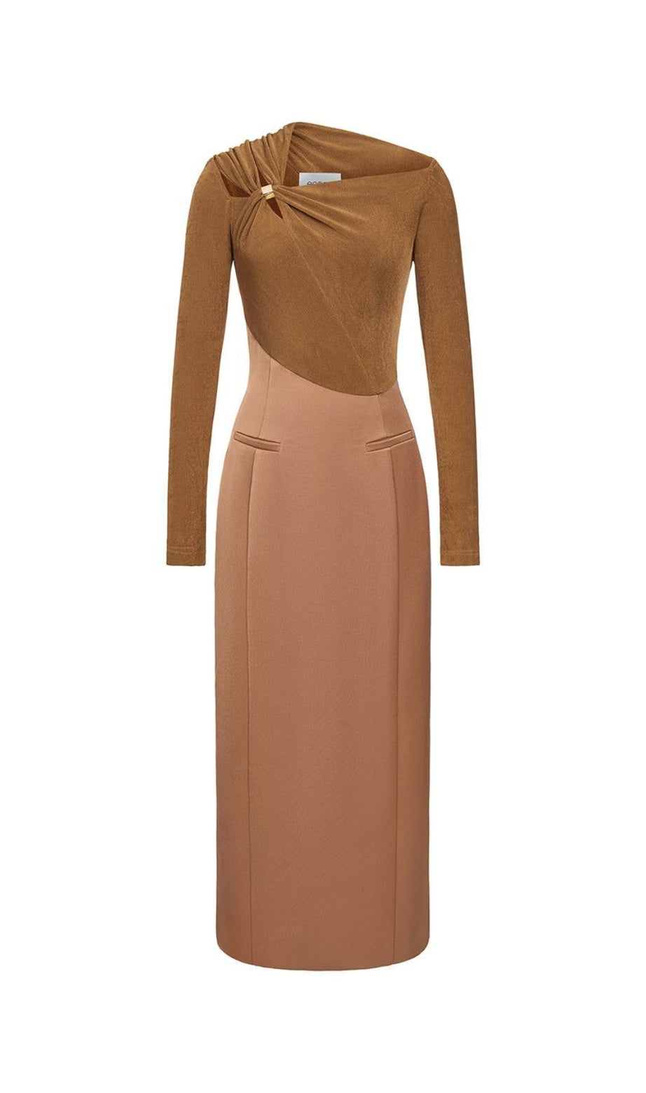 Abito midi in taffetà con scollo asimmetrico Eleanor Sheath, marrone