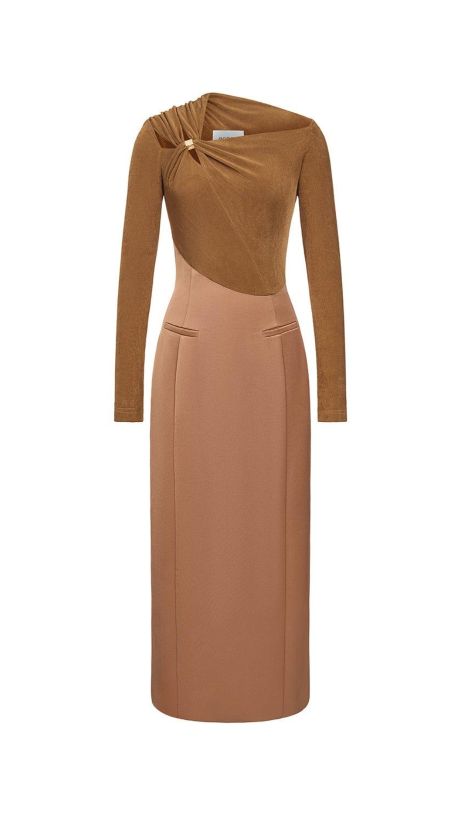 Abito midi in taffetà con scollo asimmetrico Eleanor Sheath, marrone