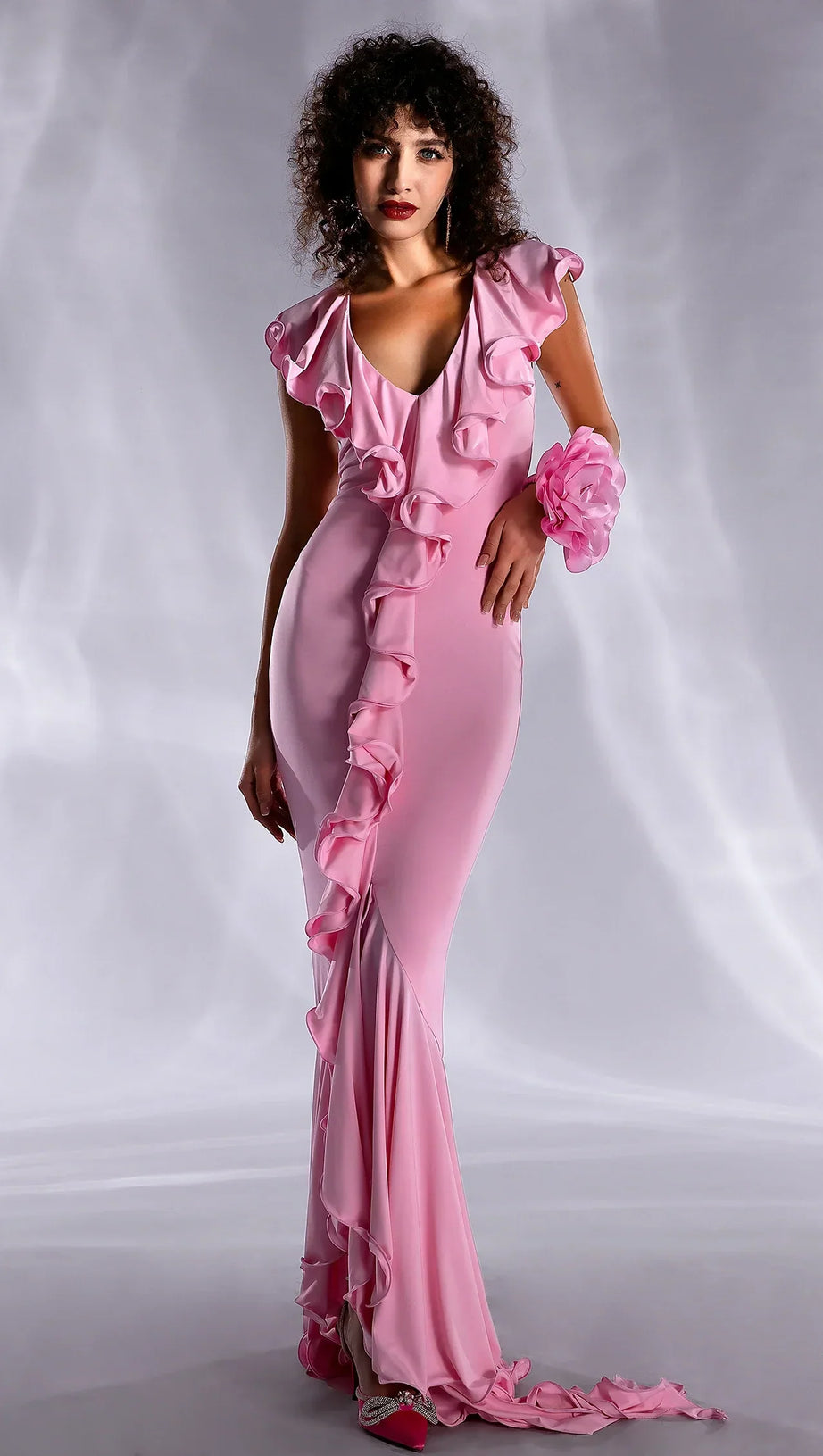 MELLIADE V-NECK RUFFLE DRESS WITH HAND FLOWER