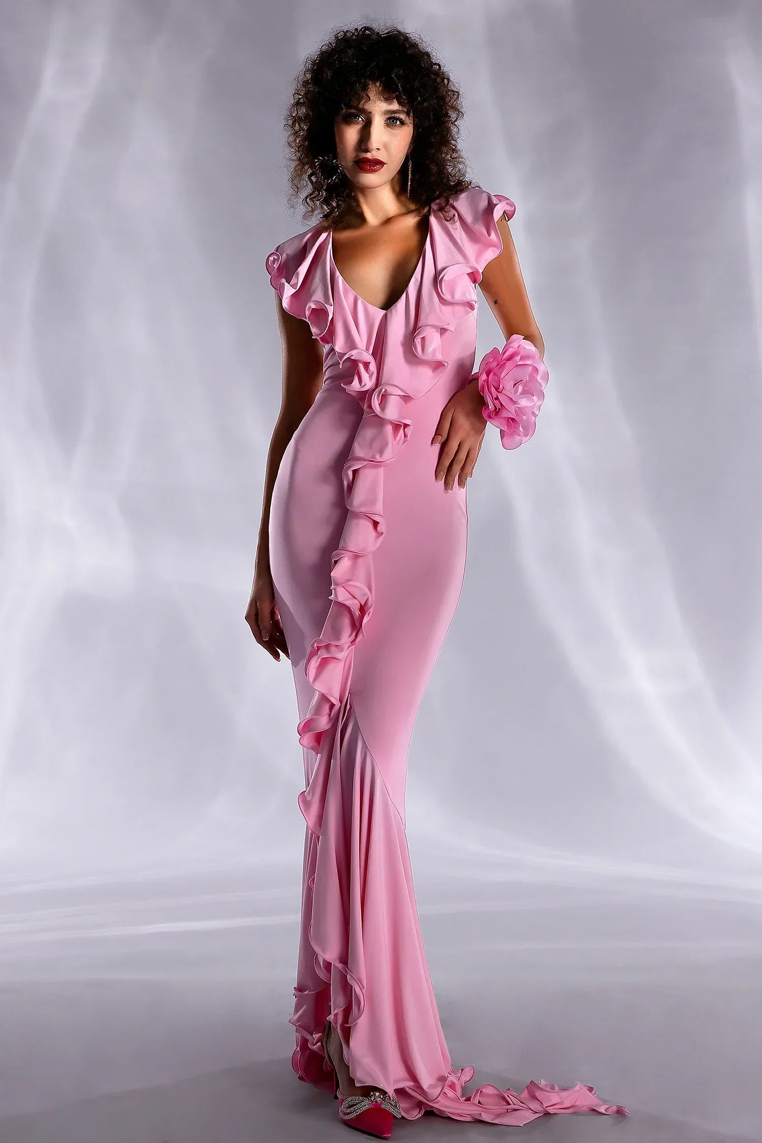 MELLIADE V-NECK RUFFLE DRESS WITH HAND FLOWER