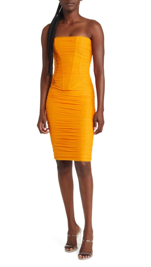 AIIZIE STRAPLESS CORSET MIDI DRESS IN ORANGE - product image